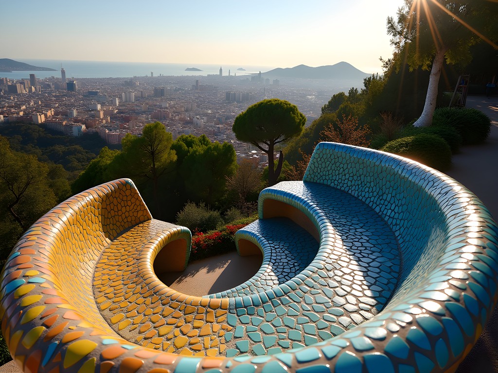 Panoramic view of Barcelona from Park Güell with colorful mosaic benches