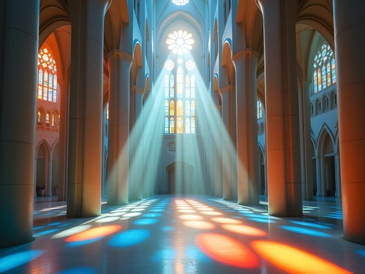 Colorful light streaming through stained glass windows inside Sagrada Família
