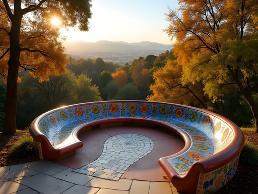 Park Güell's colorful mosaic benches surrounded by autumn foliage in golden light