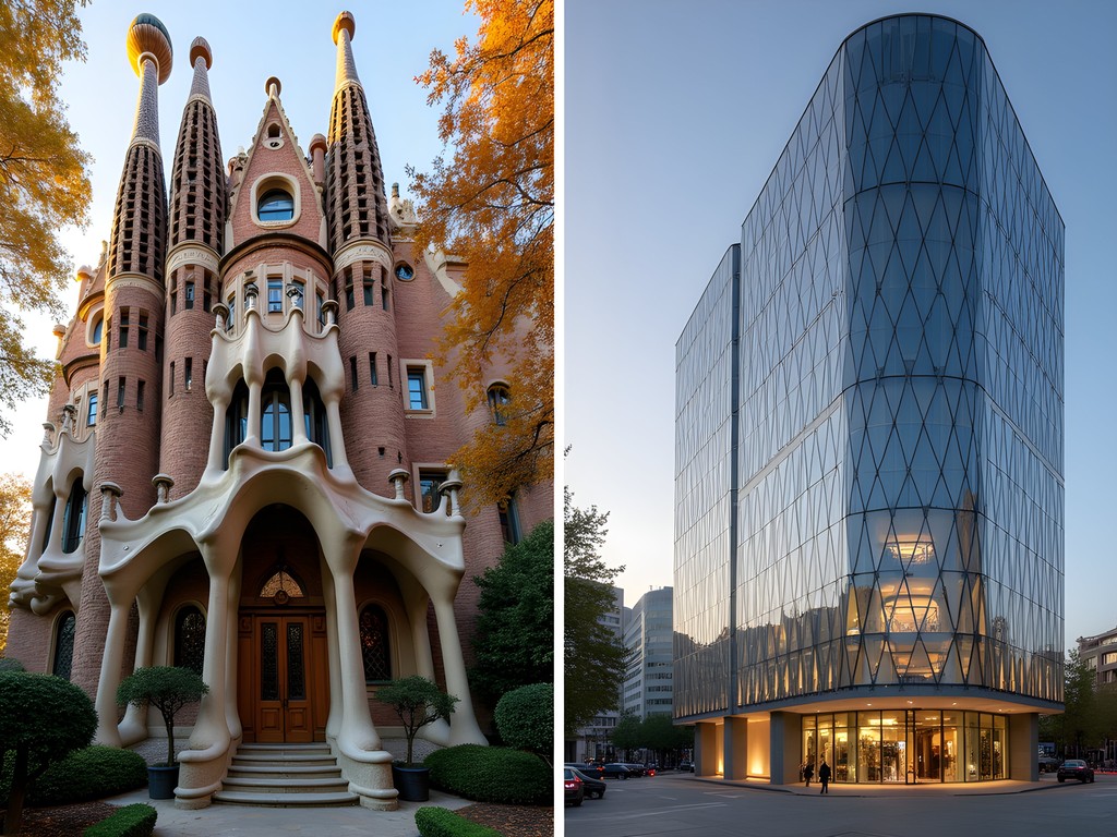 Split image comparing Gaudí's organic Casa Batlló facade with Tokyo's geometric Prada Building by Herzog & de Meuron