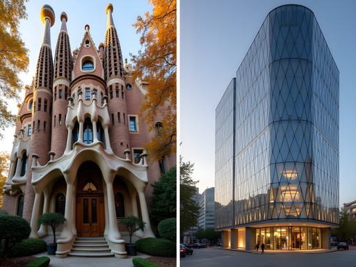 Split image comparing Gaudí's organic Casa Batlló facade with Tokyo's geometric Prada Building by Herzog & de Meuron