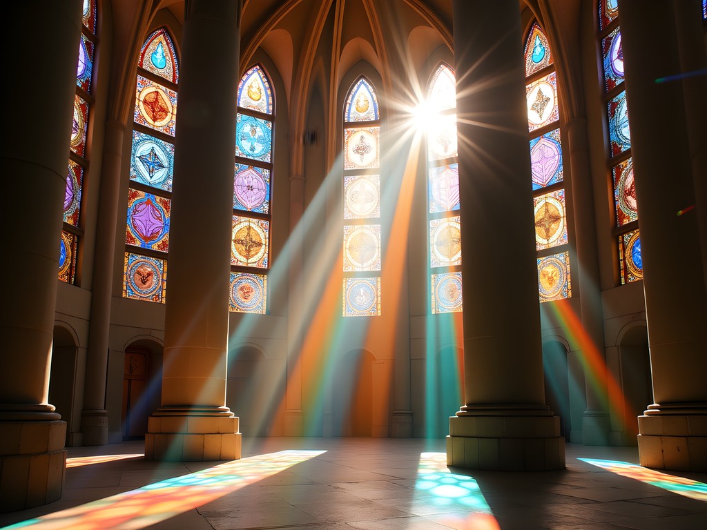 Autumn sunlight streaming through Sagrada Família's stained glass windows
