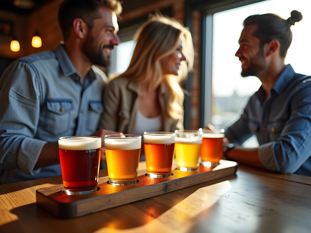 Couple enjoying craft beer flight at Tin Roof Brewing Company in Baton Rouge