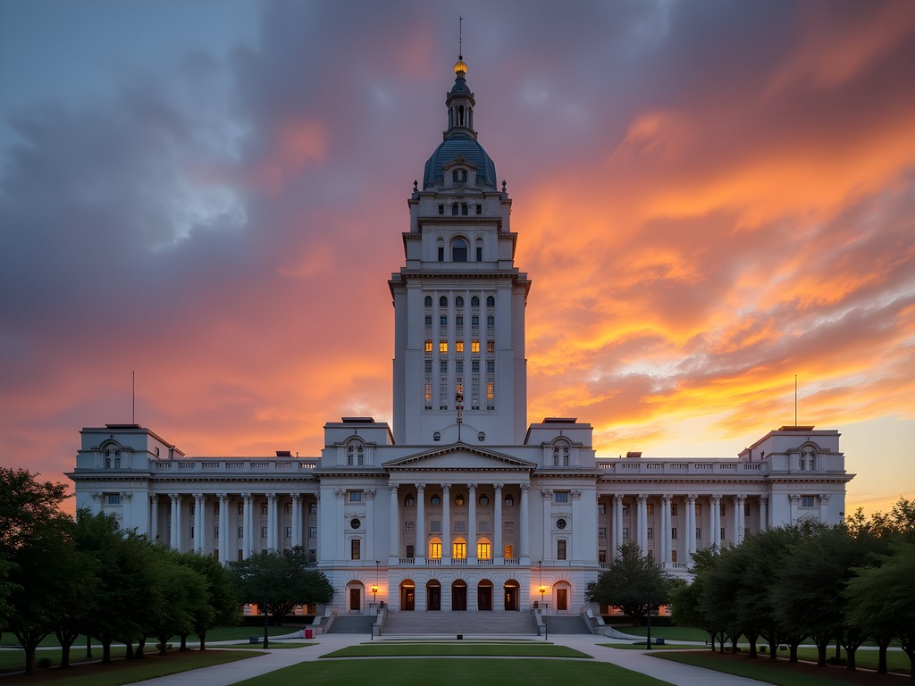 Louisiana State Capitol building at sunset with dramatic sky in Baton Rouge