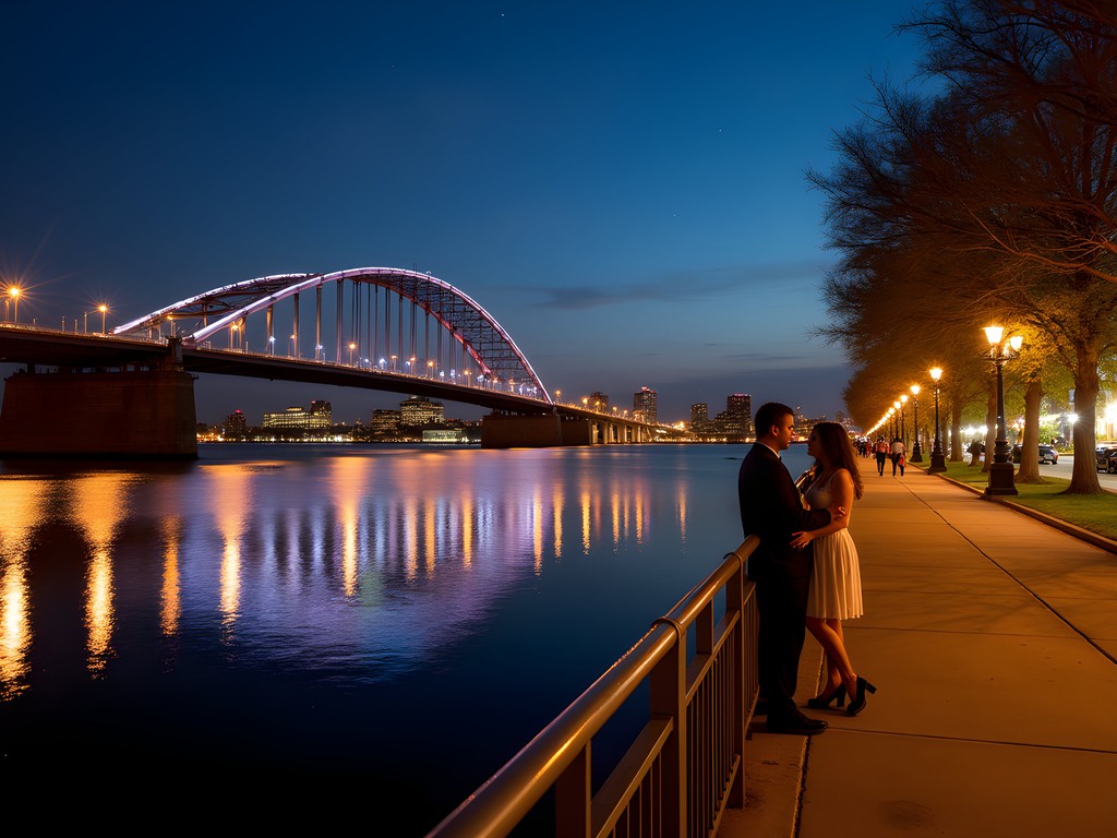Illuminated Mississippi Riverfront in Baton Rouge at night with bridge lights reflecting on water