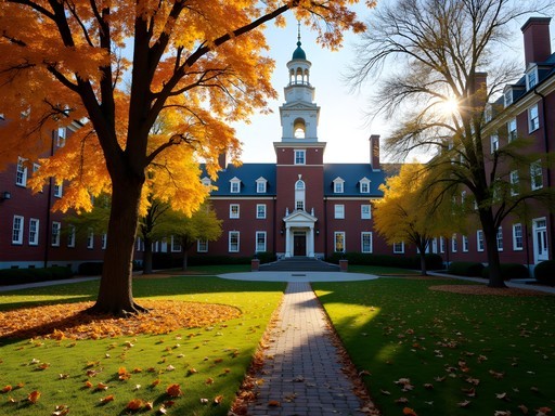 Harvard Yard in Cambridge with historic buildings surrounded by vibrant autumn foliage