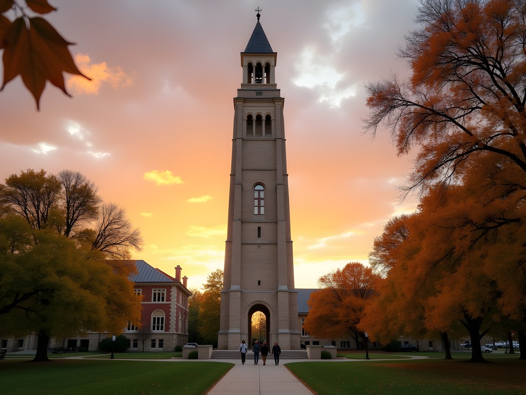 Historic Coughlin Campanile bell tower at SDSU campus during sunset in Brookings