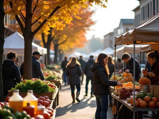 Local farmers and community members gathering at Brookings Farmers Market in autumn