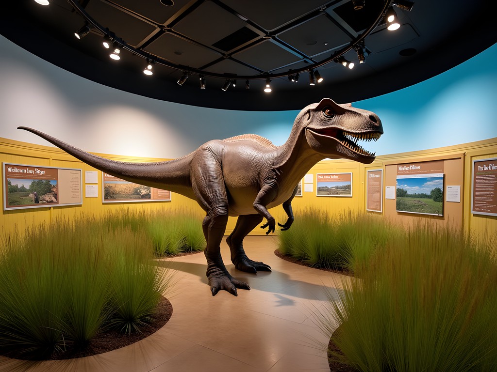 Interactive prairie exhibit with animatronic dinosaur at Children's Museum of South Dakota