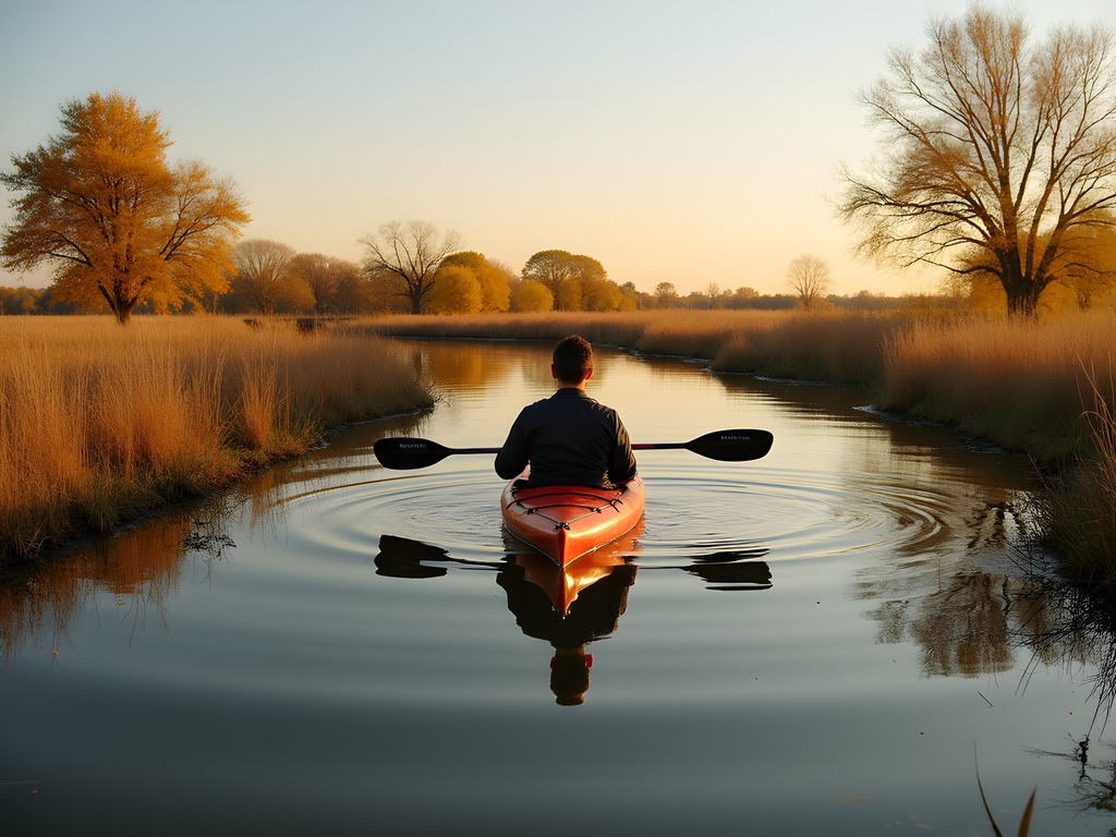 Person kayaking on calm waters of Dakota Nature Park during autumn in Brookings