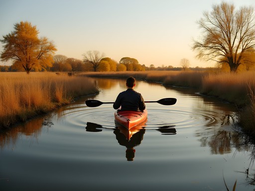 Person kayaking on calm waters of Dakota Nature Park during autumn in Brookings