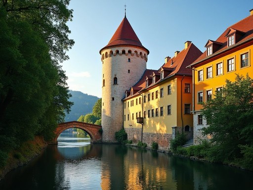 View of Cesky Krumlov Castle and colorful tower overlooking the Vltava River