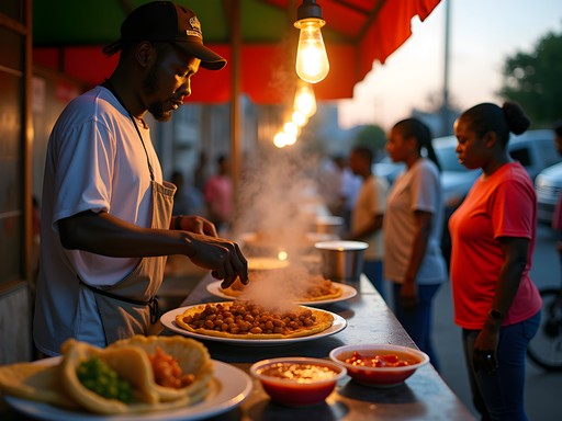 Street food vendor preparing doubles in Chaguanas at dusk