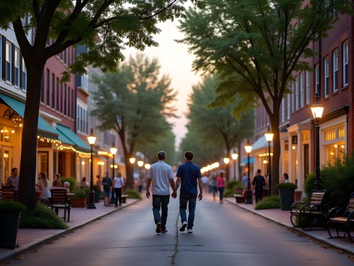 Couples walking on Main Street Concord New Hampshire summer evening