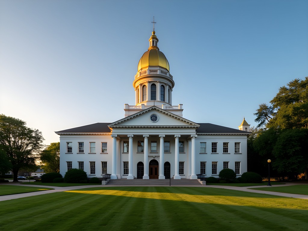 New Hampshire State House at sunset with golden light on white facade