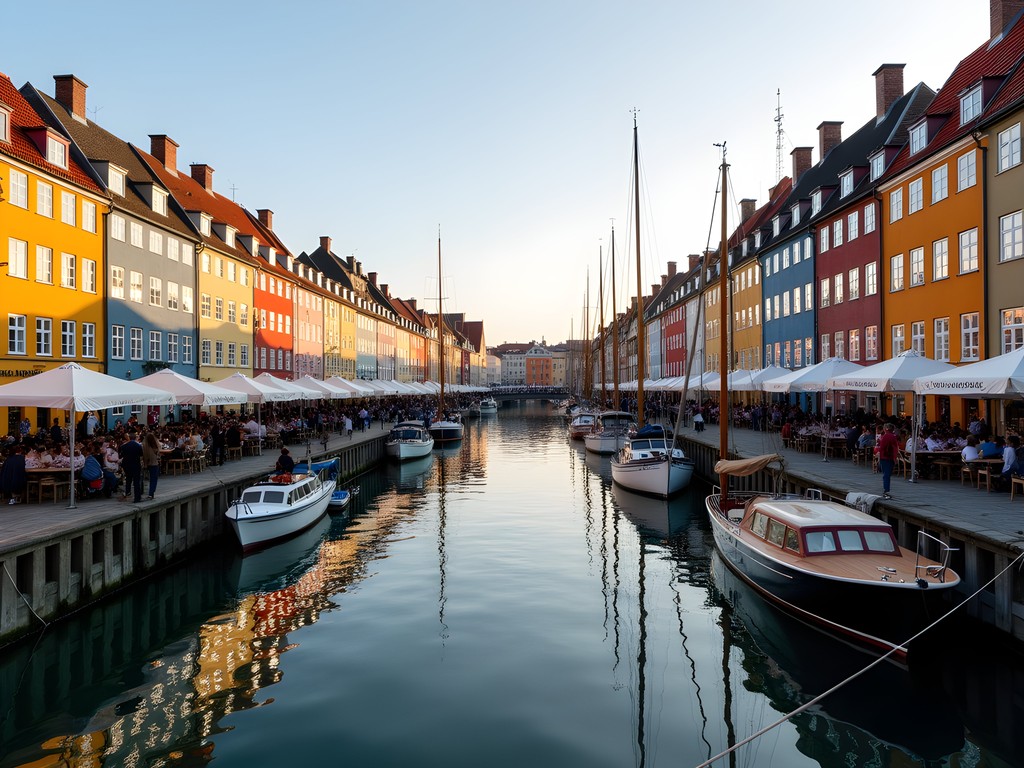 Colorful historic buildings along Nyhavn canal in morning light, Copenhagen