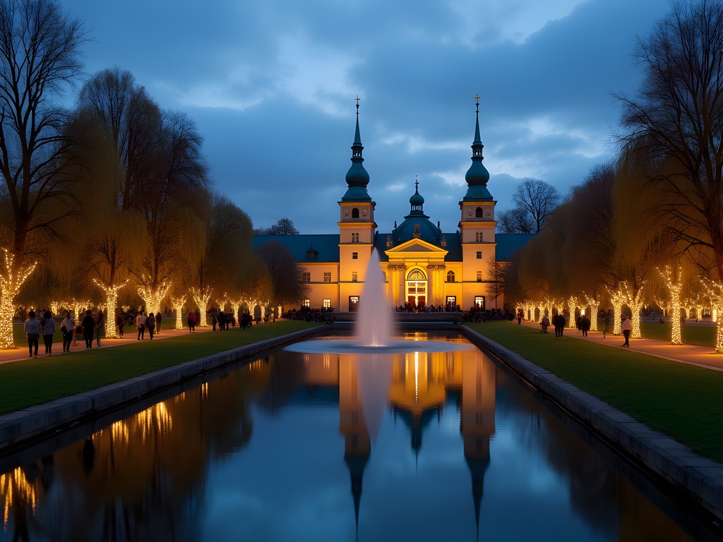 Tivoli Gardens at night with illuminated buildings and pathways in Copenhagen