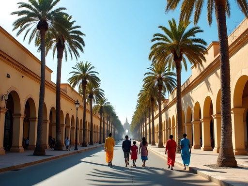 Colonial architecture in Dakar's Plateau district with palm trees and modern African life