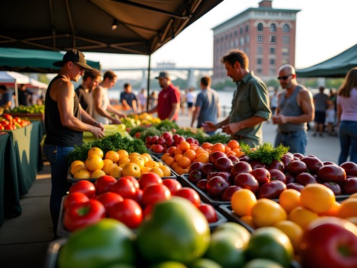 Colorful produce displays at Freight House Farmers Market in Davenport with Mississippi River in background