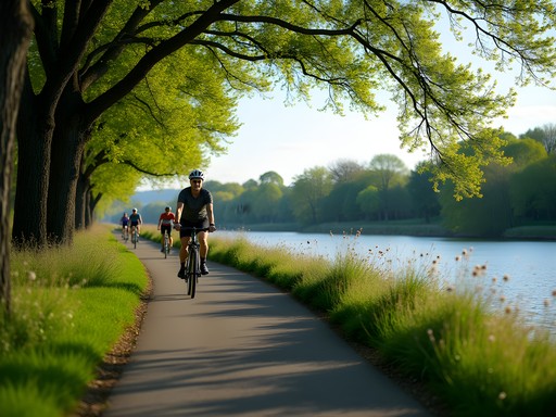 Cyclists on paved Great Miami Riverway trail in Dayton Ohio with spring trees and river view
