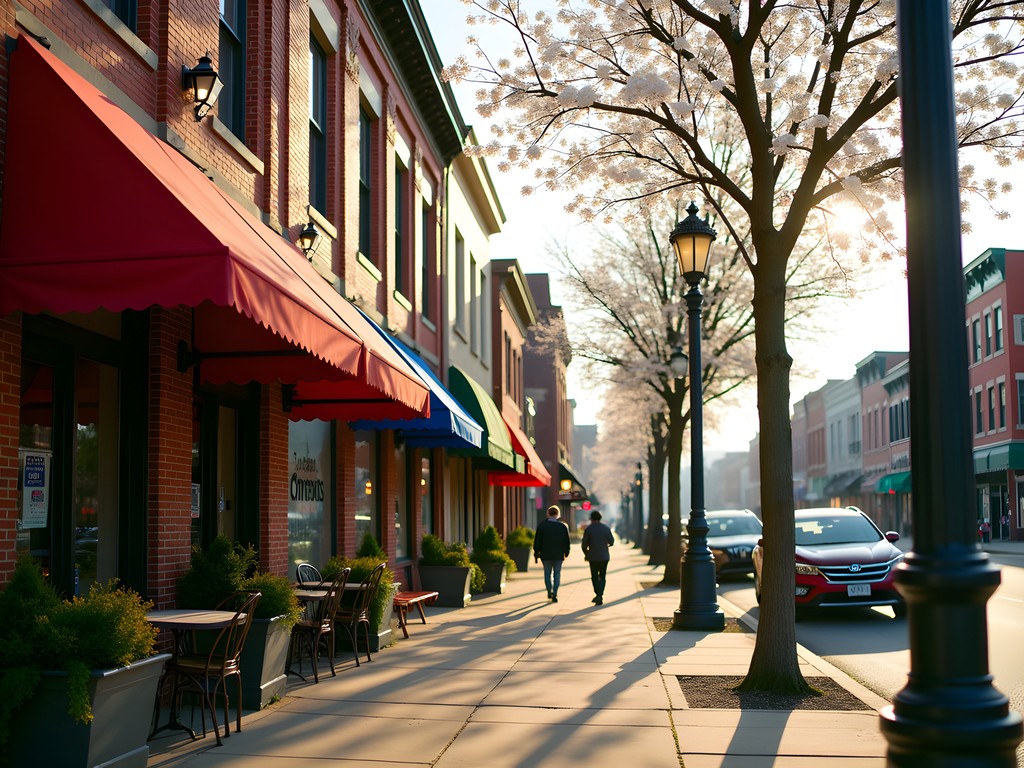 Historic brick buildings and tree-lined streets in Dayton Oregon District neighborhood