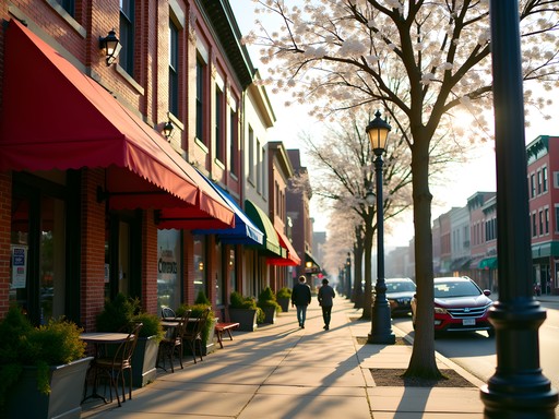 Historic brick buildings and tree-lined streets in Dayton Oregon District neighborhood