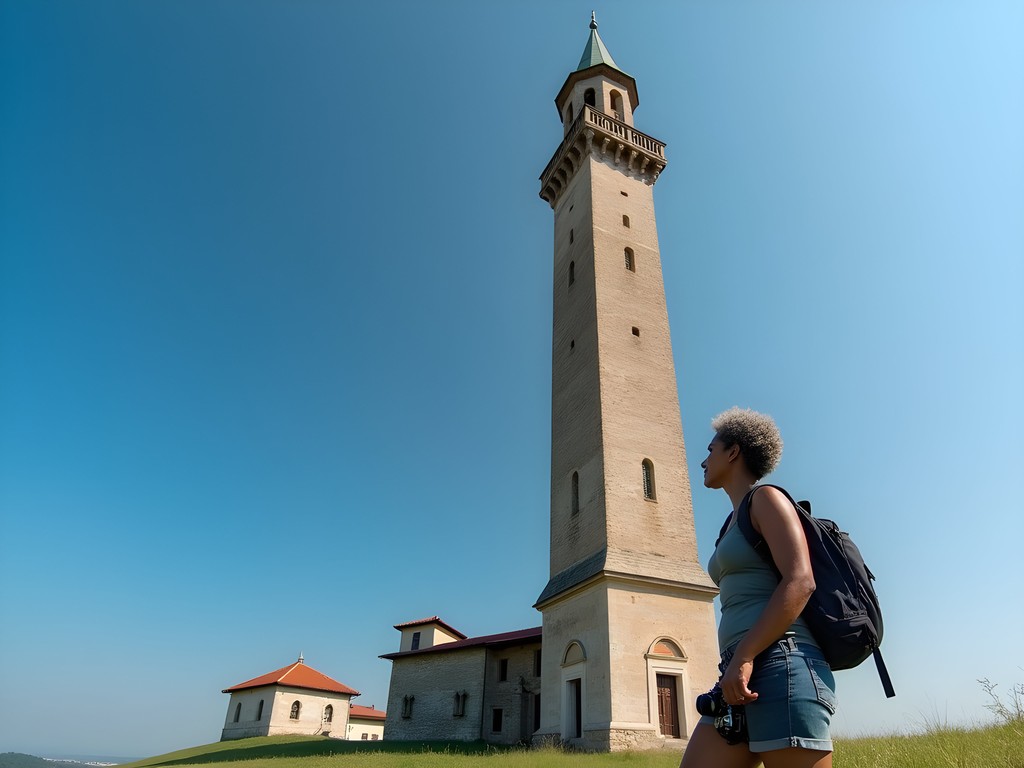 African American woman photographer standing beside the Ottoman minaret in Eger, Hungary