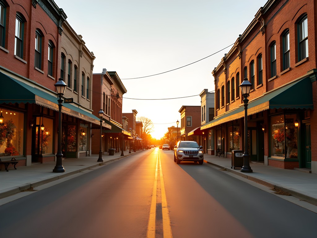 Historic brick buildings in downtown Enid, Oklahoma at sunset with warm golden light