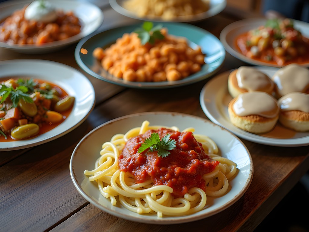 Colorful spread of diverse dishes from local Enid restaurants including Thai, Italian, and Mexican cuisine