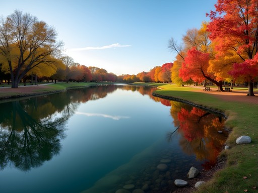 Fall foliage reflecting in Meadowlake Park's still waters with vibrant autumn colors