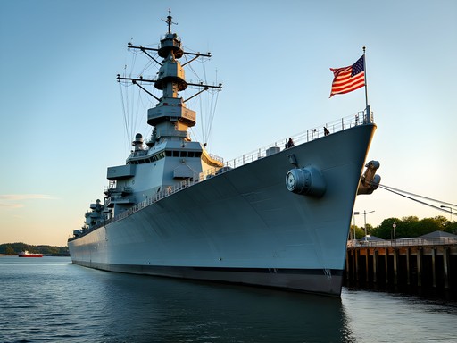 USS Massachusetts battleship docked at Battleship Cove museum in Fall River with American flag flying