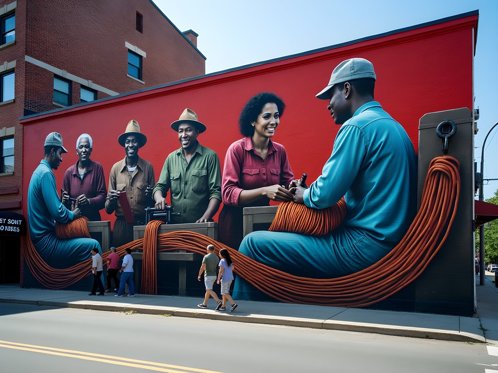 Colorful street mural depicting textile workers in downtown Fall River Massachusetts urban art