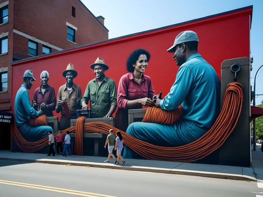 Colorful street mural depicting textile workers in downtown Fall River Massachusetts urban art