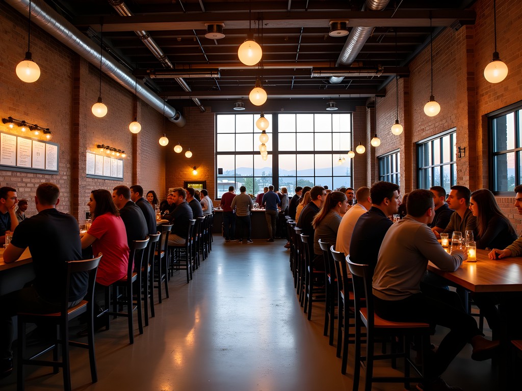 Industrial-chic interior of Drekker Brewing's Brewhalla taproom in Fargo at dusk