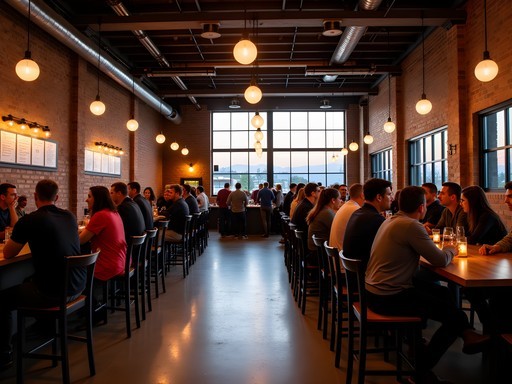 Industrial-chic interior of Drekker Brewing's Brewhalla taproom in Fargo at dusk