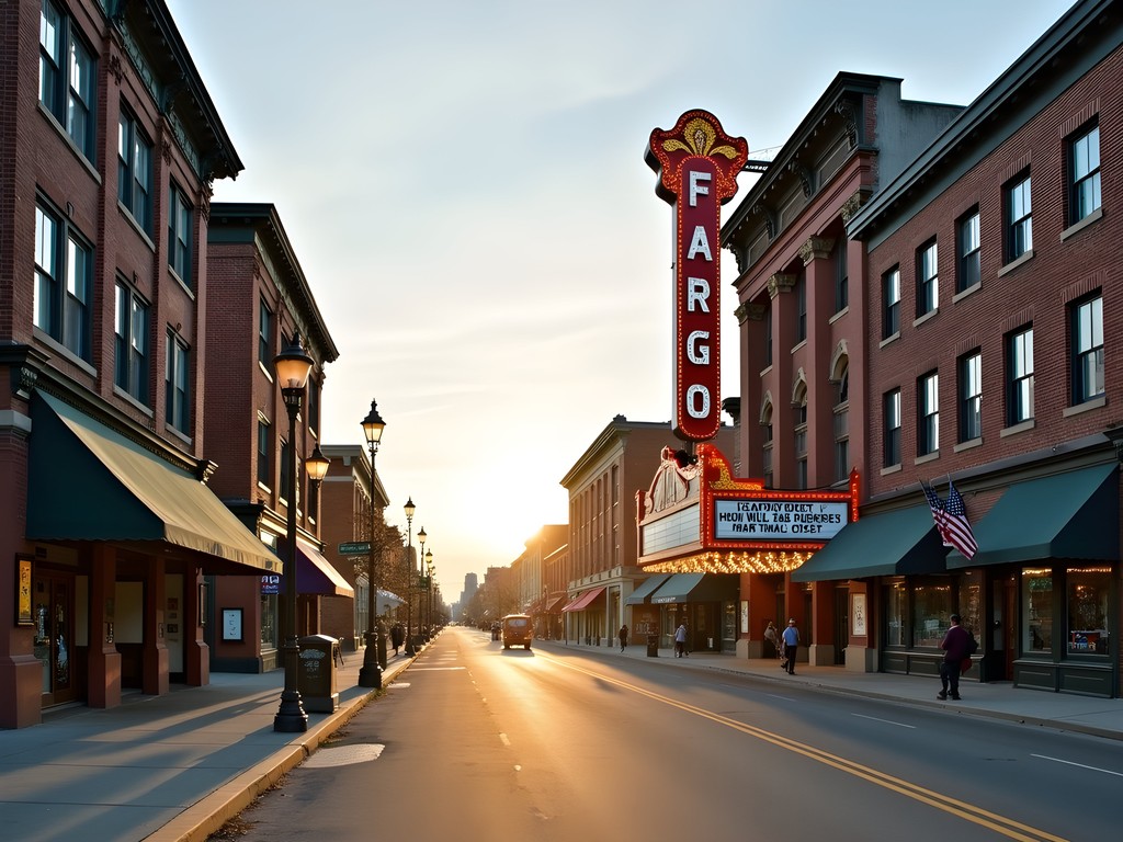 Morning light on Fargo's historic Broadway district with the Fargo Theatre marquee visible