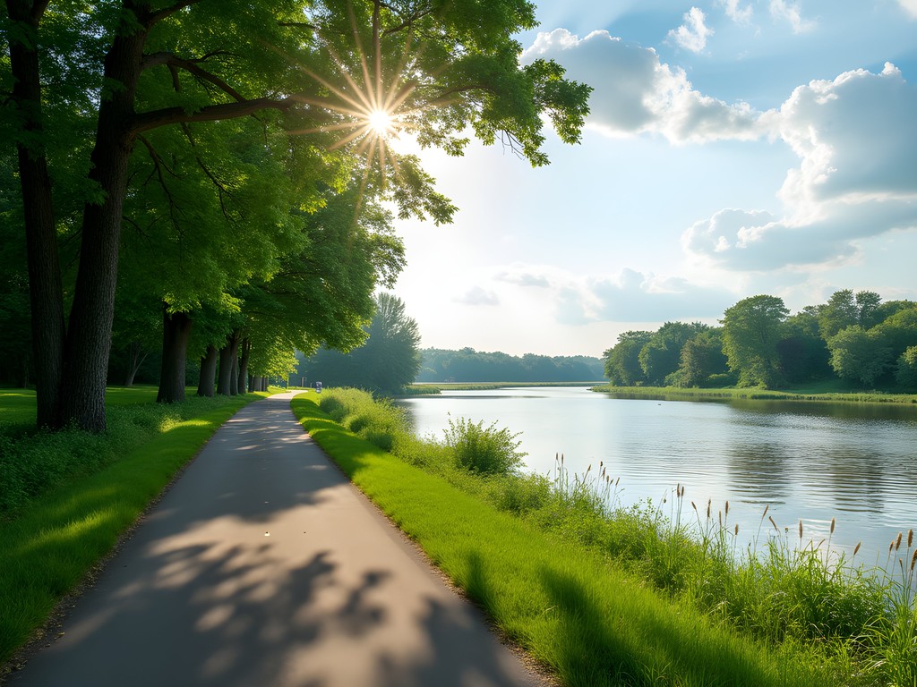Morning light on the Red River with walking trails and lush summer greenery
