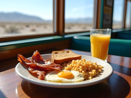 Traditional American breakfast at a local Fernley diner with desert view