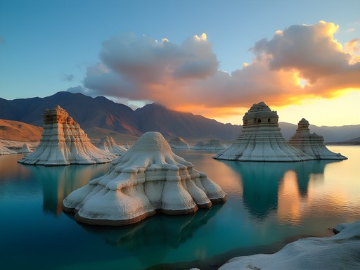 Dramatic tufa formations at Pyramid Lake near Fernley at sunrise
