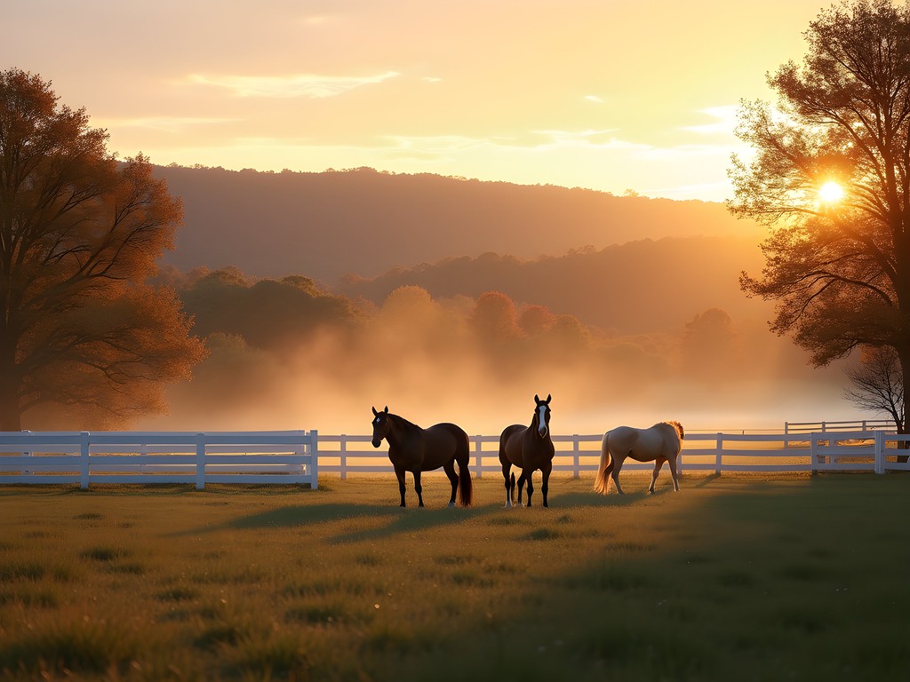 Misty morning at a Georgetown Kentucky horse farm with thoroughbreds grazing