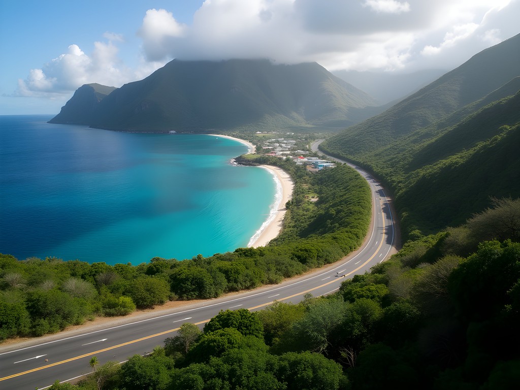 Scenic view of the Leeward Highway winding along Saint Vincent's coast with ocean vistas