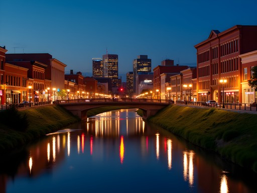Downtown Grand Forks illuminated at night with the Red River in foreground