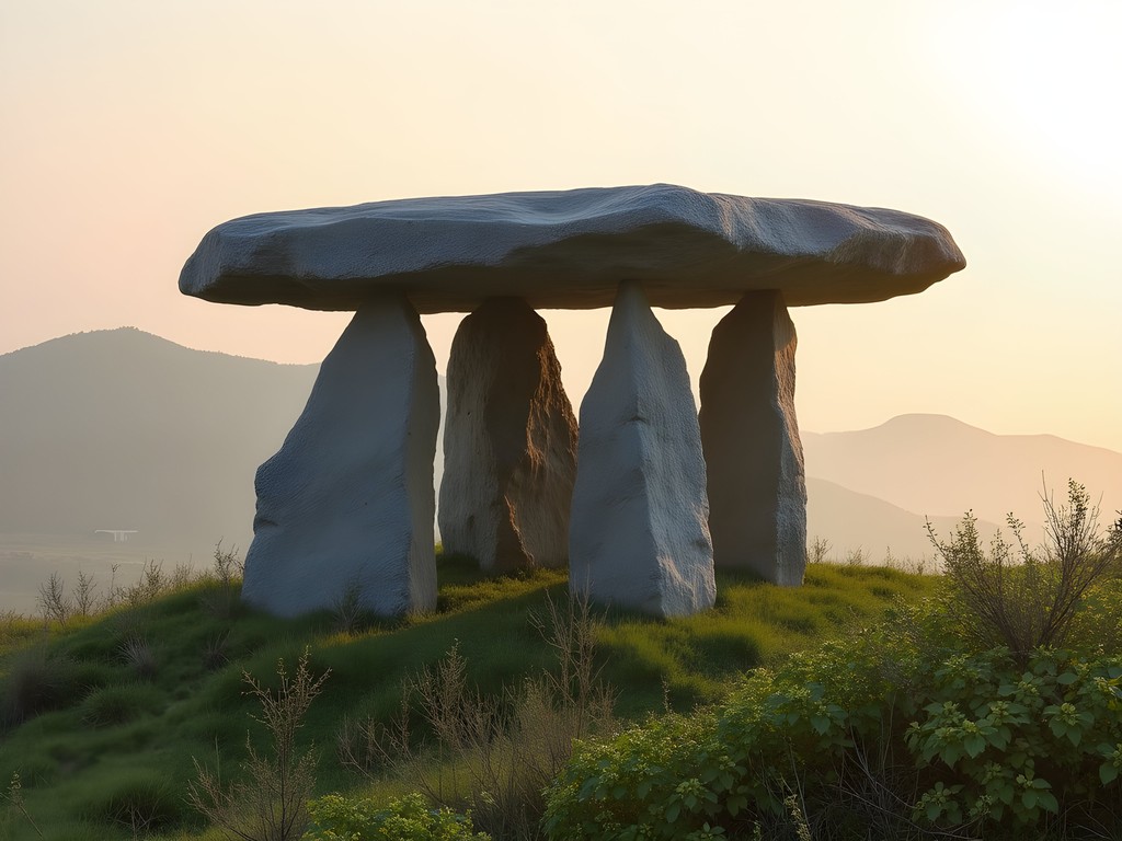 Ancient dolmen stone structures on Ganghwado Island with morning mist