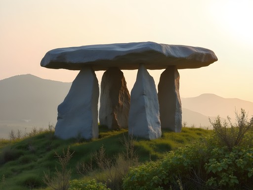 Ancient dolmen stone structures on Ganghwado Island with morning mist
