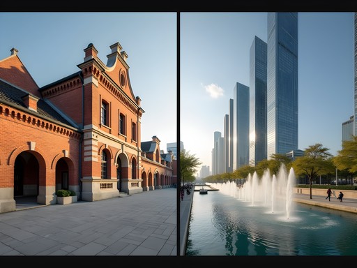 Split image showing historic Open Port colonial building beside Songdo's futuristic skyline