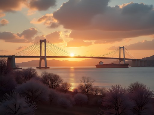 Dramatic sunset view of Incheon Bridge with silhouetted ships in the harbor
