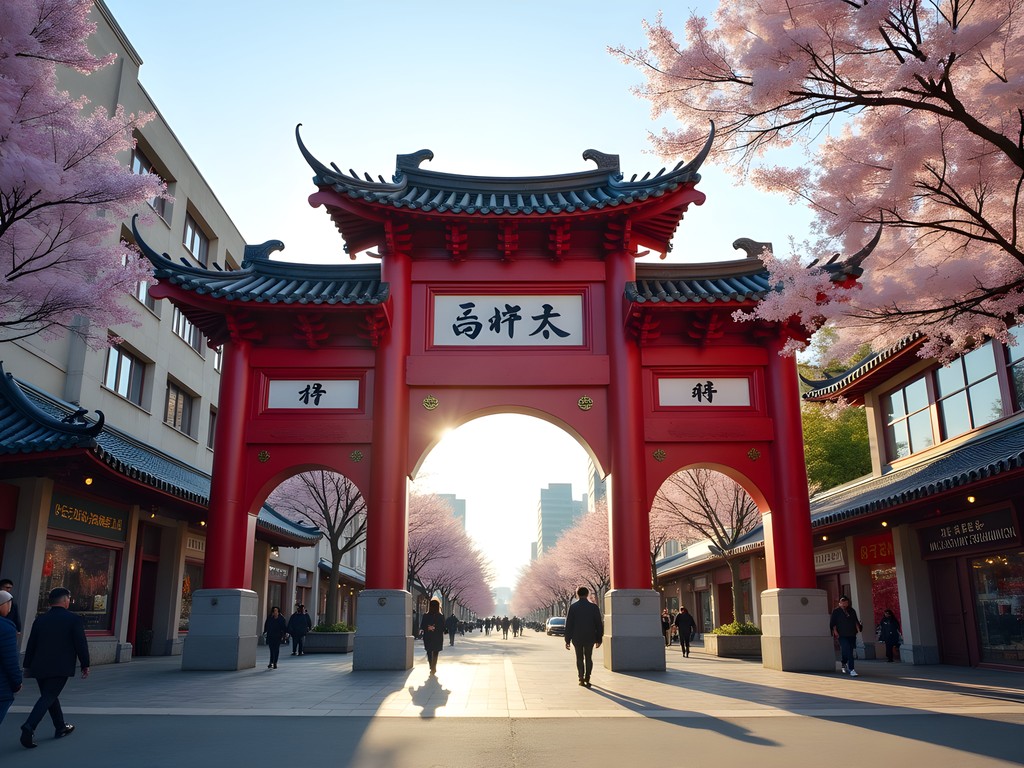 Red paifang gate entrance to Incheon Chinatown with cherry blossoms in bloom