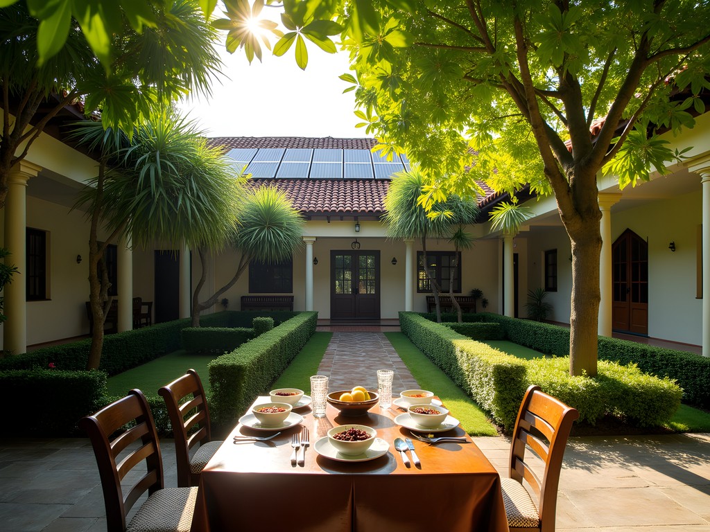 Eco-friendly guesthouse garden in Islamabad with solar panels visible on the roof