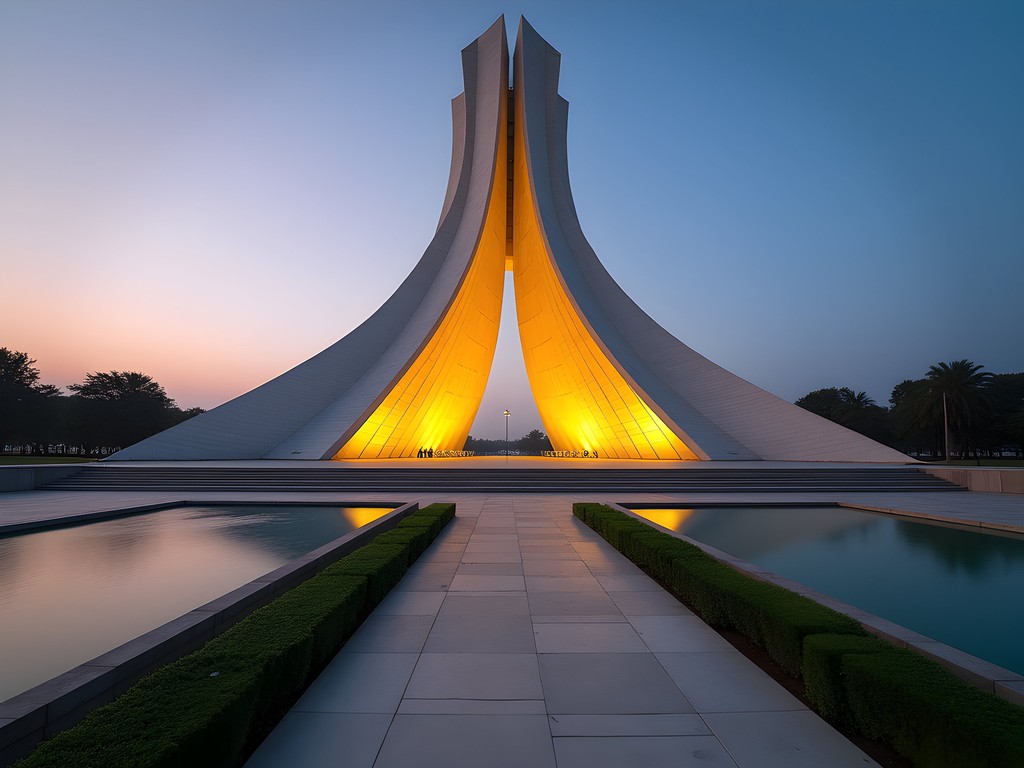 Pakistan Monument in Islamabad illuminated at sunset with its distinctive petal design