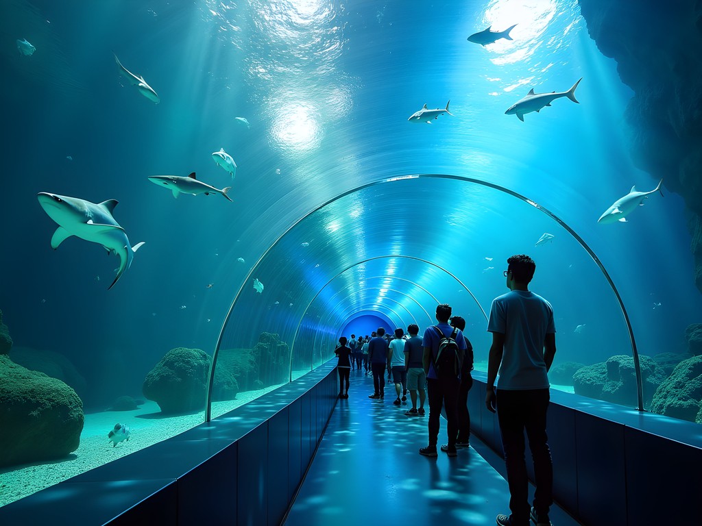 Underwater viewing tunnel at Izmir Aquarium with Mediterranean marine life